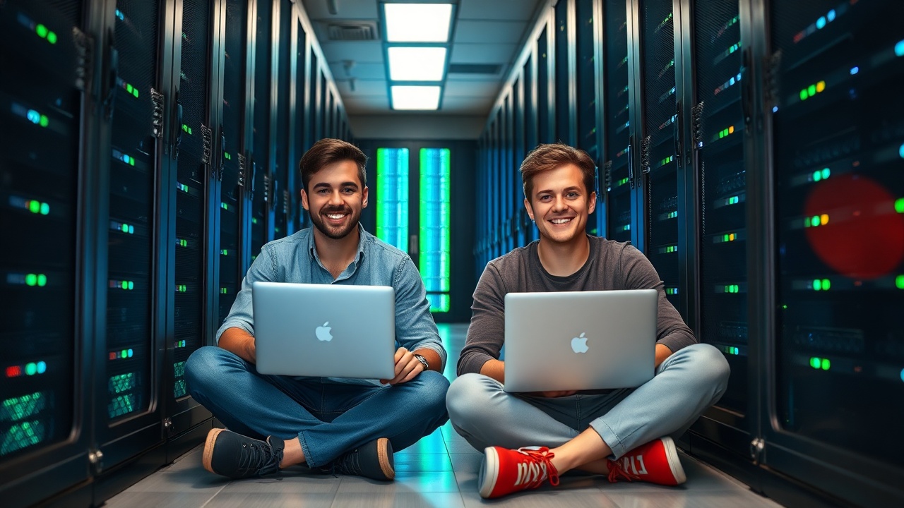 Two founders sitting in a garage with a server rack