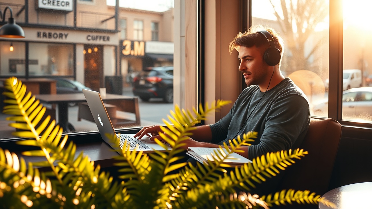 A cozy desk setup showing a laptop and a cup of coffee with a Statusly dashboard on the screen